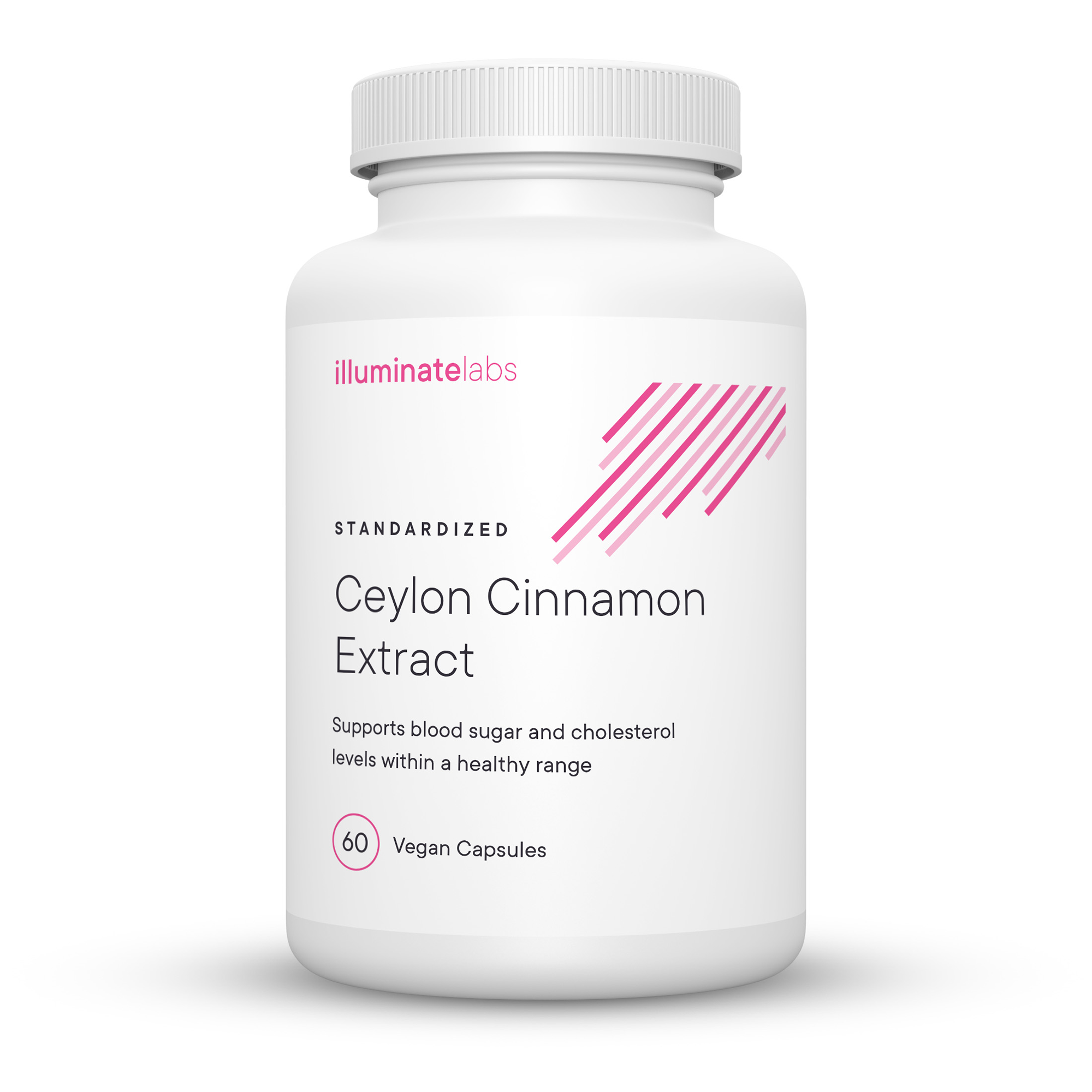 A digital rendering of a bottle of Illuminate Labs Ceylon Cinnamon Extract Capsules on a white background