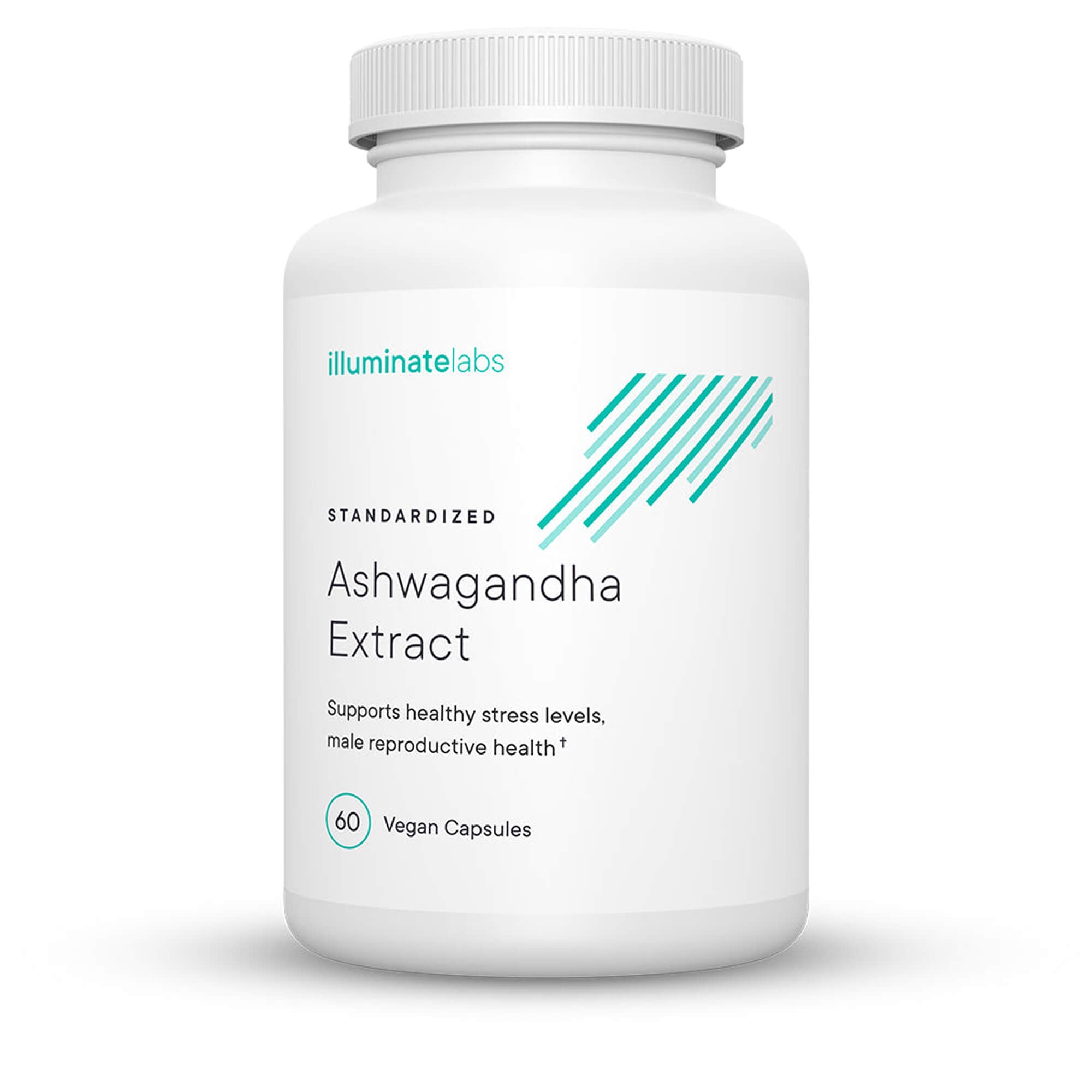 A digital rendering of a bottle of Illuminate Labs Ashwagandha Extract Capsules on a white background