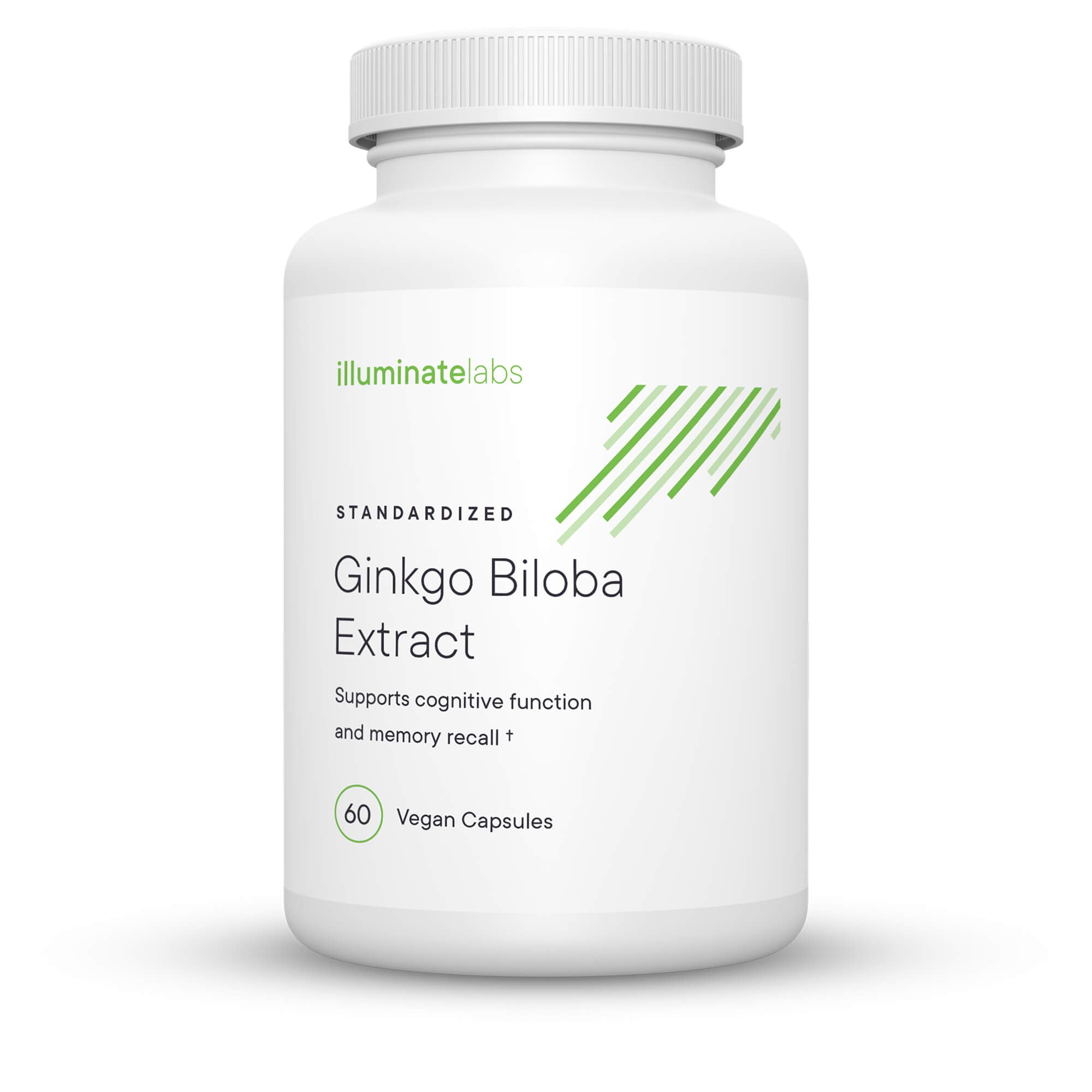 A digital rendering of a bottle of Illuminate Labs Ginkgo Biloba Extract Capsules on a white background