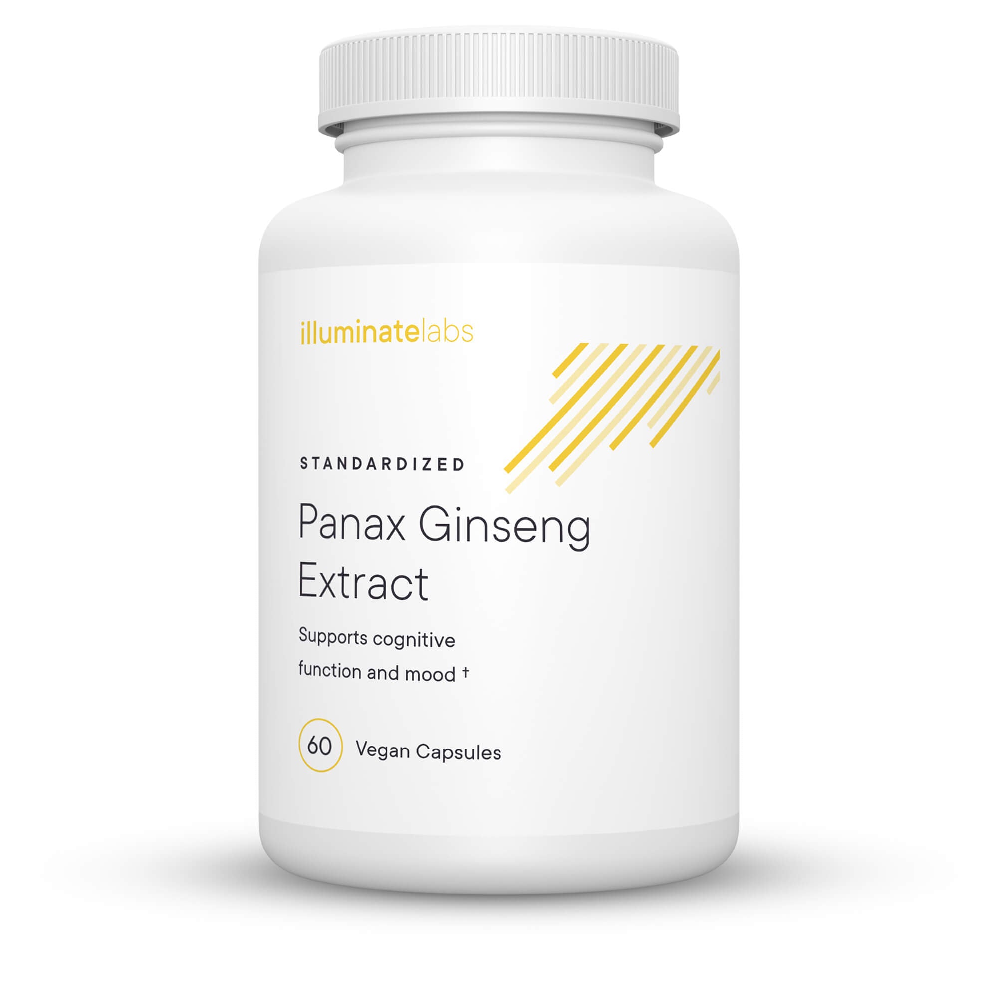 A digital rendering of a bottle of Illuminate Labs Panax Ginseng Extract Capsules on a white background