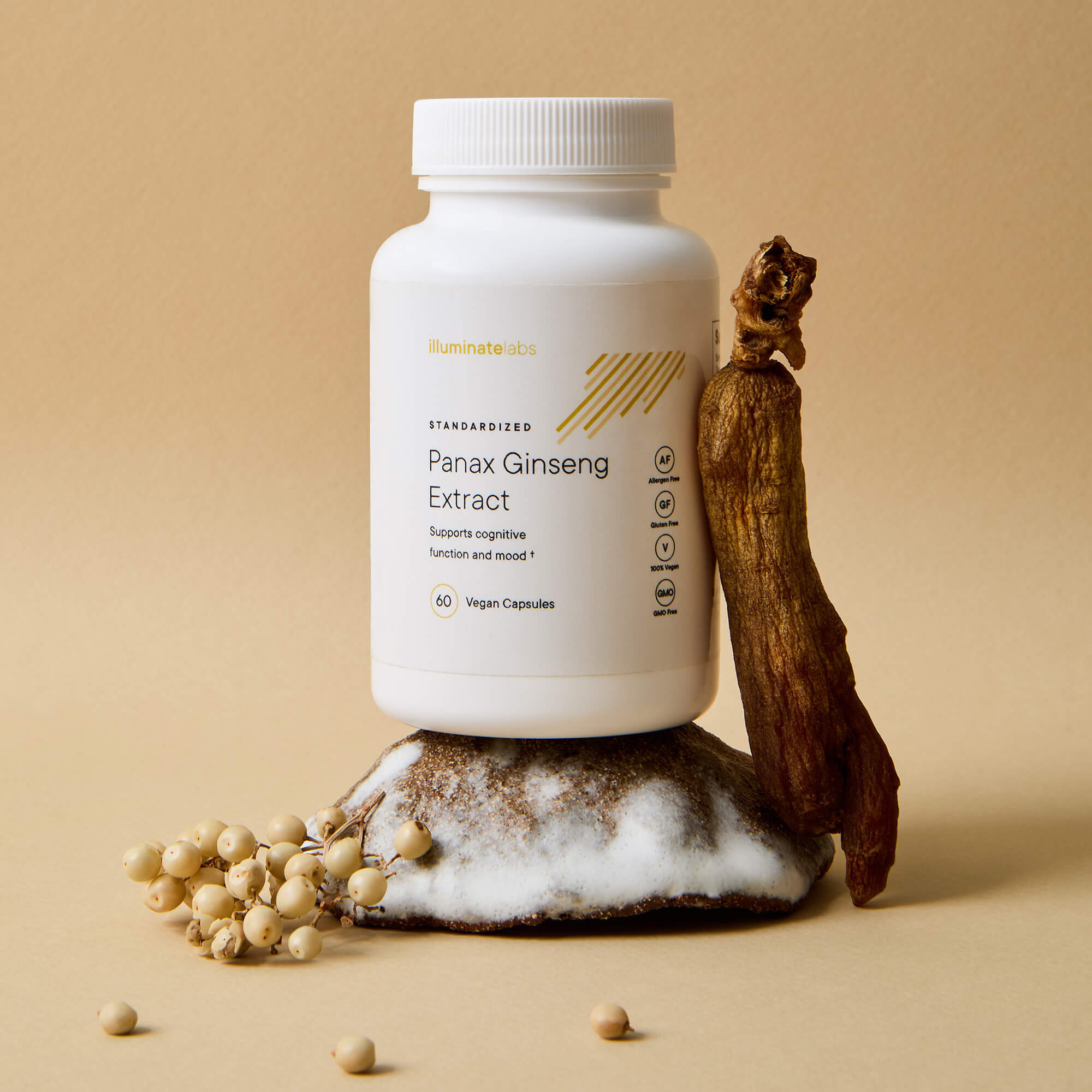 A photoshoot of Illuminate Labs Panax Ginseng Extract bottle in a natural setting next to a dried Panax ginseng root